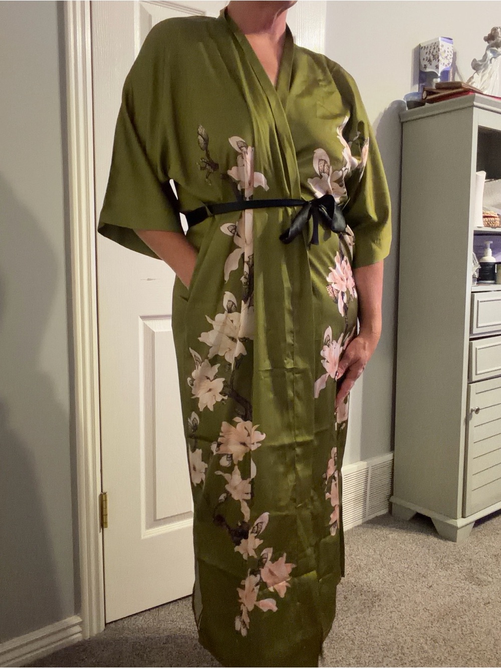 Olive Green Floral Satin Kimono Robe
